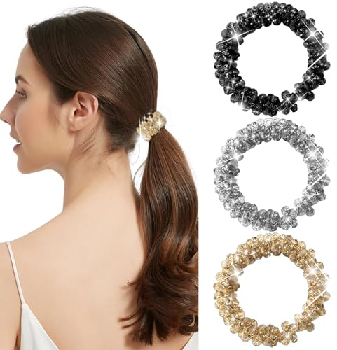 3 Stück Glitzernde Haargummis Damen, Kristall Haargummi Strass in Schwarz Silber Gold, Elegante Hair Ties für Zopf, Dutt und Party, Edler Haarschmuck für Frauen und Mädchen