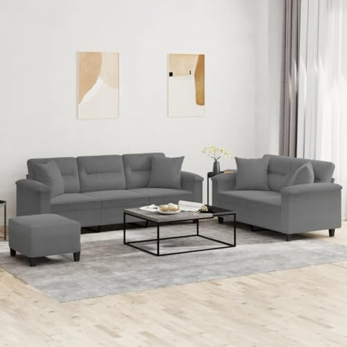 RMIHSJG 3-TLG. Sofagarnitur mit Kissen Dunkelgrau Mikrofasergewebe Langlebiges Polstermöbel Wohnzimmer Couchgarnitur Bequemes Sitzensemble mit Fußhocker Robustes Gestell