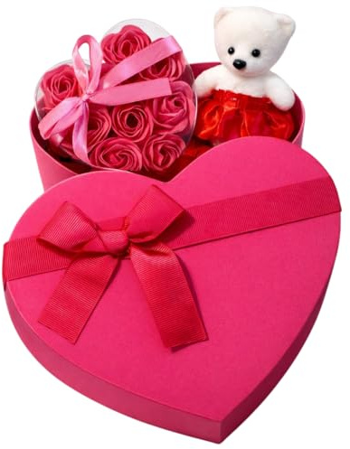 Coffret cadeau pour femme – cœur 20 cm + roses de salle de bain + ours en polystyrène 11 cm + bandeau cheveux – pétales rouges artificiels – Idée cadeau pour elle
