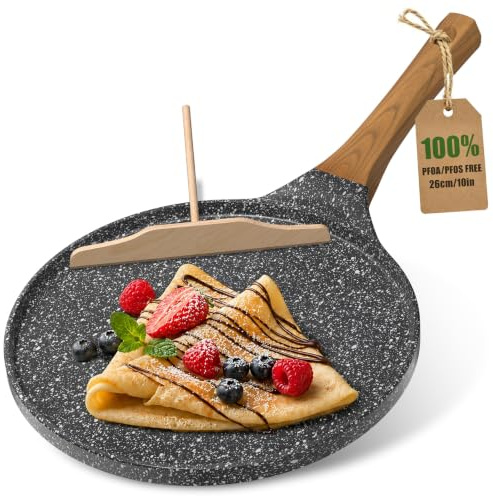 YASHE 10-Inch Crepe Pan Nonstick with Wooden Spreader, Granite Pancake Pan Tortilla Dosa Tawa, Flat Griddle Pan for Induction Cooktop, PFOA Free & Easy to Clean, Wood Grain Handle