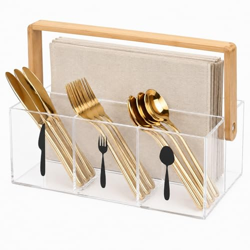 BEZORR PET Cutlery Storage Organizer Holder, Silverware Caddy, utensil caddy for Kitchen Countertop -Holds Fork, Knife, Spoon, Silverware - 4 Divided Sections Transparent