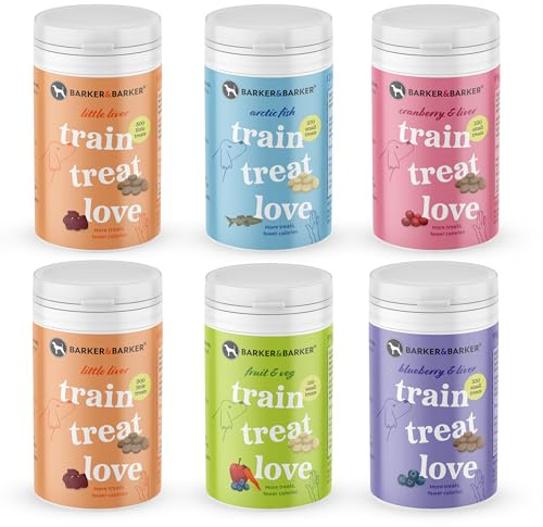 Barker and Barker Grain Free Dog Training Treats Multi Pack - 6 Pots of Small Treats | Low Calorie, High in Protein & B Vitamins | No Artificials - 100% Human-Grade for Puppies & Small Breed Dogs