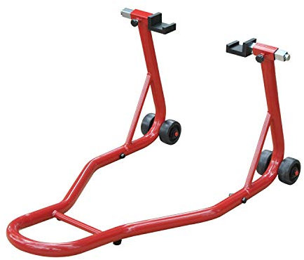 Homcom Caballete de Moto Soporte Trasero Universal Portátil y Móvil Tipo Elevador con 2 Horquillas y Ruedas 80x50x40cm Color Rojo y Material de Acero