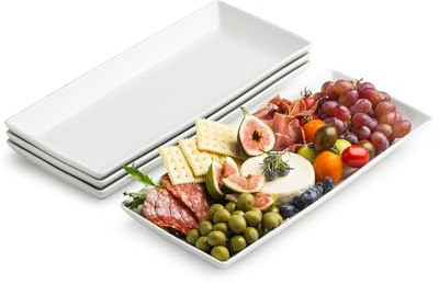 Serving Platters and Tray White Serving Dishes for Entertaining 14-inch Large Rectangle Plates for Easter, Mother's Day, Porcelain Serving Trays for Steak, Taco, Sushi, Appetizer, Party, Set of 4