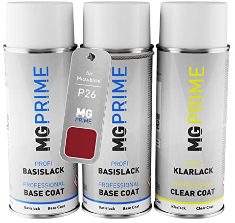 MG PRIME Billack Sprayburk Set för Mitsubishi P26 Red Mettalic/Rally Red Metallic Baslack Klarlack Sprayburk 400ml