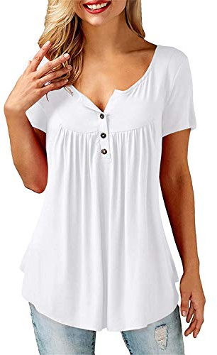 BeLuring Women Casual V Neck Short Sleeve Tops Tunics Pleated Shirts, 12/14 UK, C - Short Sleeve - White