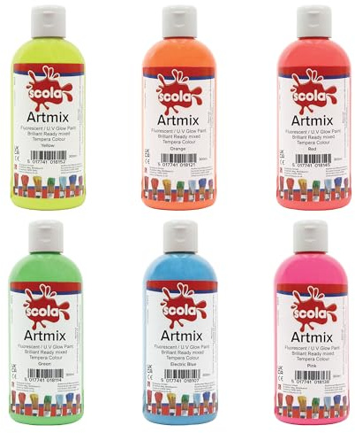Scola Readymix Water Based Tempera Paint, 6 Fluorescent Colours, 300ml Bottles, Safe Non-Toxic Poster Paints, Craft Projects, Suitable for 3+