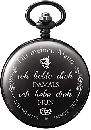 TREEWETO Taschenuhr mit Gravur Kette Herren Schwarz/Bronze Geschenk zum Geburtstag Hochzeitstag Jahrestag Ehemann