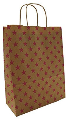 Papiertaschen Papiertüten braun mit Kordel - Sterne PINK - Verschiedene Größen und Mengen (25 Stück, 22 + 10 x 28 cm)