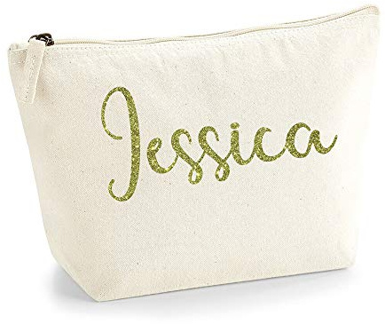 Personalisiert Großer Name Initialen Text Kosmetiktasche Damen Schminktasche für Handtasche Makeup Tasche mit Texturdruck - Gold Glitter - L | Natürlich