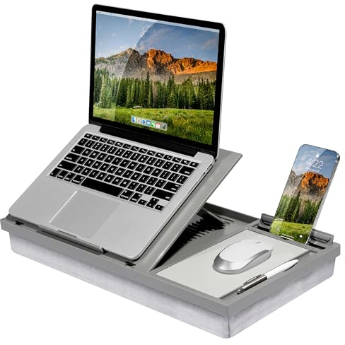 LAPGEAR Ergo Pro Schoßschreibtisch mit 20 verstellbaren Winkeln, Mauspad und Handyhalterung, passend für Laptops bis zu 39,6 cm (15,6 Zoll) und die meisten Tablets, Grau, Style-Nr. 49405