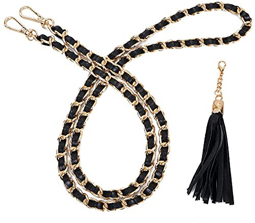 VanEnjoy Purse Chain Strap with Tassel - Microfiber Leather - Replacement for Shoulder Crossbody Straps for Handbag (Black-Gold Hardware, 47 IN Long)