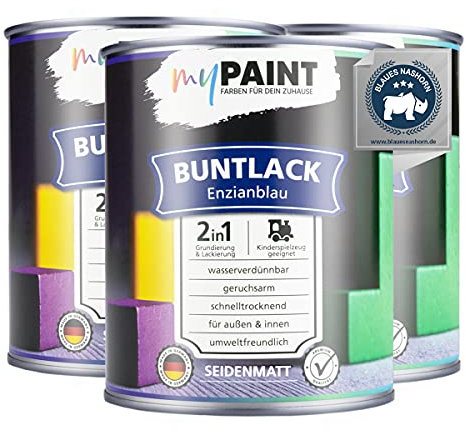 myPaint 2in1 Buntlack Seidenmatt (2,25L Enzianblau/Blau RAL 5010) – Wetterfeste Holzfarbe Holzlack Küchenmöbellack. Getrocknet auch für Kinderspielzeug. Schnelltrocknend, Für Innen Außen