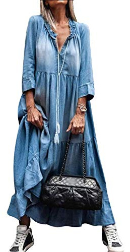 Yesgirl Robe Jean Été Femme De Plage Rétro Denim Robes Col V Casual Tuniques Ample Chemise Longue Chemisier en Jean Maxi Chic Robe (L, 01 A Bleu Clair)