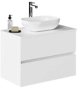 Baikal Baño Onyx, 2 cajones, suspendido en Pared, con Lavabo cerámico. Mueble Montado, Melamina 16,Mueble F46 + Top + Lavabo 80 cm Blanco