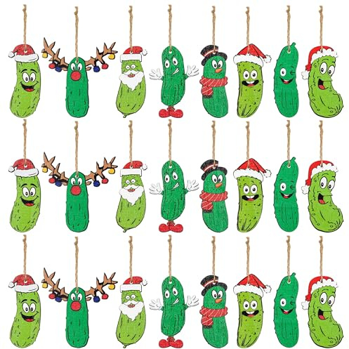 Haooryx 25teiliges Weihnachtsgurke-Thema Hängeholzschmuck Grüne Gurken-Holzkunst-Pendants mit Seil für Weihnachtsbaum Hausdeko Traditionelle Weihnacht Festtagsparty-Geschenke