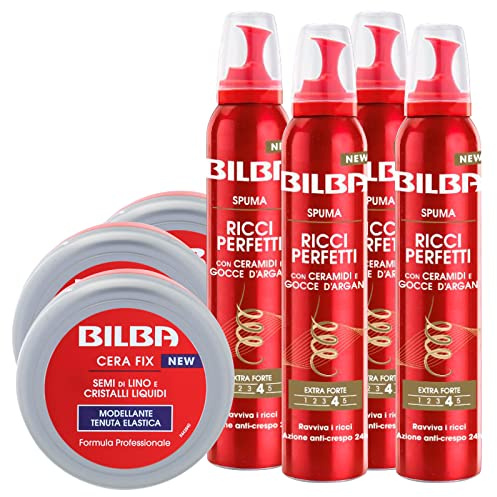 4x Bilba Spuma Ricci Perfetti Ceramidi e Olio di Argan Effetto Anticrespo 4 Flaconi da 200ml ognuno + 3x Cera Fix Modellante Capelli Semi di Lino e Cristalli Liquidi 3 Barattoli da 100ml ognuno