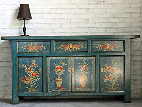 OPIUM OUTLET Kinesisk skänk blå asiatisk byrå serveringsbord, orientaliskt bröllopsskåp, vardagsrumsskåp vintagestil