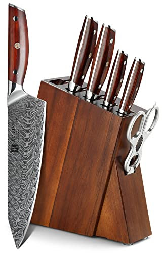 XINZUO Kochmesser Set Damaststahl 7 Teilig Messerblock Sets-Chef Santoku Brot Universal Obstmesser-Profi Geschmiedet Küchenmesser-Roseholz Griff-Mit Akazienholz Messerblock und Küchenschere