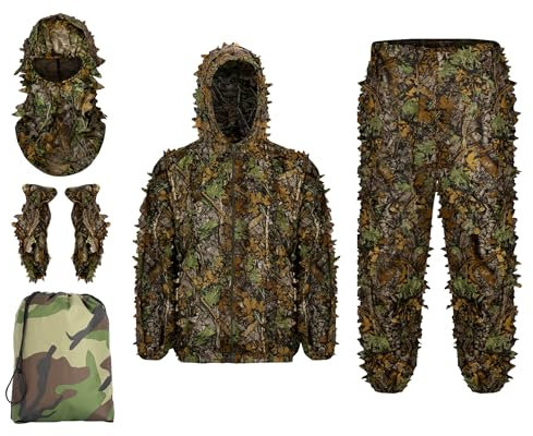 Ginsco Ghillie Suit Full Face Mask Gloves Set M/L, 3D Leafy Camo, for Men, Camoflage Woodland for Outdoor Turkey Hunting Airsoft Sniper With Storage Bag