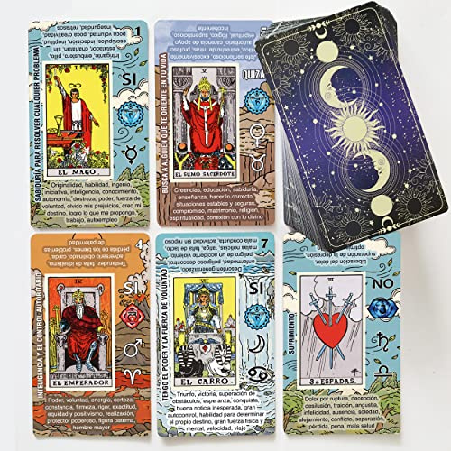 Cartas de Tarot - Cartas Tarot Principiantes Español - No Necesita Libro Guía - Baraja de Aprendizaje de Lectura Fácil y Rápida con Significados Escritos - Horoscopos, Planetas y Chakras (Español)