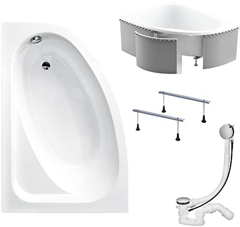 KOLMAN Badewanne CORNEA Eckbadewanne 150x100 Links mit Styroporverkleidung, Ablaufgarnitur und Füßen Komplettset 4in1 Premium Original Acryl Wanne Siphon