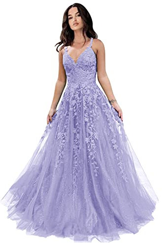 Glitter Tulle Prom Dresses Women Lace Appliques Long Ball Gwons with Spaghetti Straps A-Line Evening Dresses 2025 Lilac US6, Lilac, 10