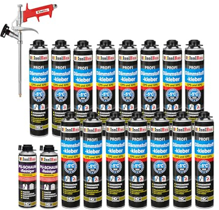 Isolbau B2 Dämmstoffkleber SET - 15 x 750 ml Perimeterkleber, 2 x PU-Schaum-Reiniger & 1x Schaumpistole für EPS & XPS-Platten - 1K PU-Klebeschaum für Fixieren und Isolieren
