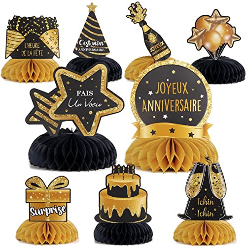 BETESSIN Ensemble de 9 Décoration Table Anniversaire en Français Joyeux Anniversaire Centre de Table en Nid d'Abeille Décoration Anniversaire Hommes Femmes