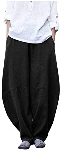 Jeans Hose Damen Hose Schwarz Damen Schwarze Hose Damen Stretch Einfarbiges Elastische Taille Tunnelzug Leinenhose Mit Taschen Weites Bein Parachute Hose Anzughose Damen (Schwarz, L)