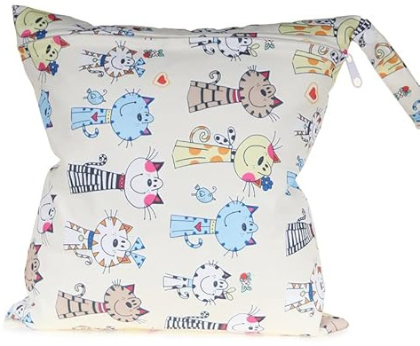 SYSUII Wetbag Nasstasche Wiederverwendbar,Windeltaschen Nasstaschen Nasse und Trocken Wickeltasche Stoffwindeln Taschen Kindergarten - Wäschebeutel Organiser Beutel mit Reißverschluss-Cartoon-Katze