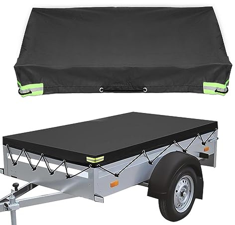 Anhängerplane Flachplane, 207x114x10cm Anhänger Abdeckplane, 420D Oxford-Stoff Wasserdicht Anhängerabdeckung mit Planenseil, Reflexstreifen, Ösen für 750kg Anhänger (Schwarz)
