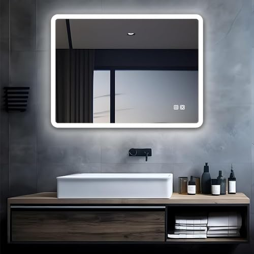 MIQU Miroir Salle de Bain avec Éclairage 60x80cm, Grand Miroir Mural LED avec Anti-buée, 3 Couleurs et Dimmable, Interrupteur Tactile, Horizontal/Vertical