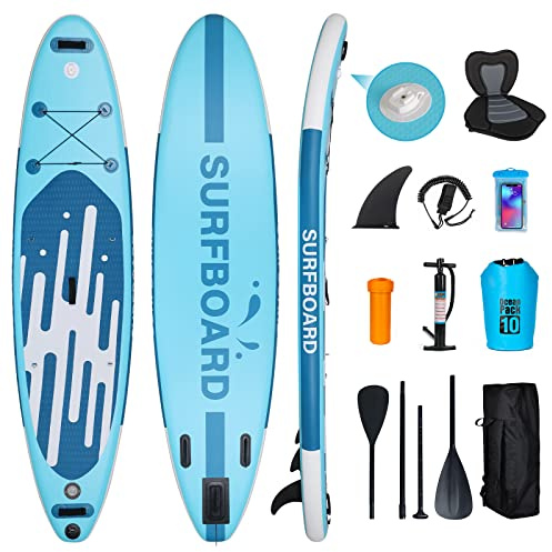 ZealWe Aufblasbares Stand Up Paddling SUP Board Paddleboard Surfboard, 320cm Standup Paddle Aufblasbar Set bis 150kg, Surfbrett für stand-up, Komplettes Zubehör mit Sitz Alu-Paddel Rucksack Pumpe Blau
