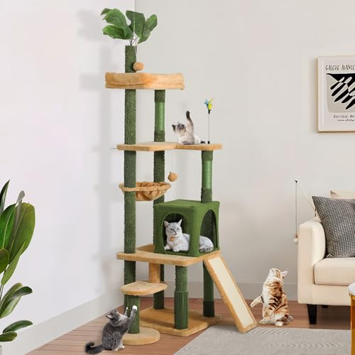 YITAHOME Hoher Kratzbaum mit Blättern für Hauskatzen, süßer Katzenkletterturm mit Selbstpflegebürste, Katzenhaus, Sitzstange Oben, Korb, Sisal-Kratzbäumen und -Brett, Spielbällen