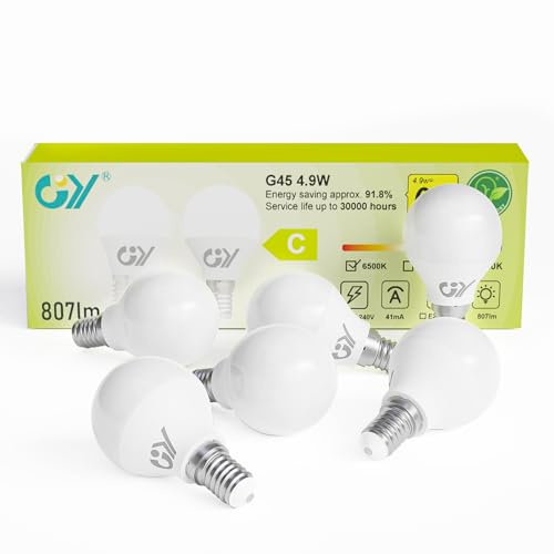 GY Lampadine LED E14, 4.9W (equivalenti a 60W), Lampadine LED Attacco Piccolo G45, 6500K Luce Fredda, 807 Lumen, Lampadine Risparmio Energetico Bianco Freddo, Certificazione CE, 6 Pezzi
