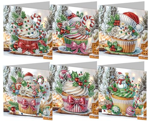 Starnearby DIY Diamond Painting Weihnachten 6 Stücke Weihnachten Karten Diamant Painting Geschenkkarte Handgefertigte Grußkarten Weihnachtskarte Strass Handwerk Grußkarte (Weihnachtsdesserts)