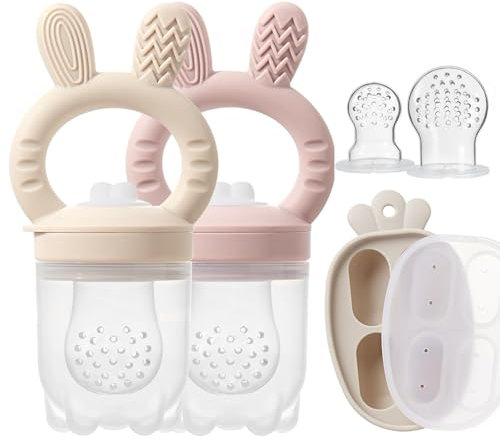 Paquete de 3 comederos de silicona para frutas para bebés con bandeja para congelador, moldes de paletas para alimentos frescos y congelados para alivio de la dentición, incluye bolsas de alimentos