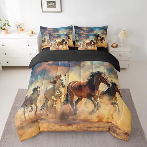 Feelyou Horse Bedding Set All Season King Size Galloping Horse Comforter Set 7 Pieces for Kids Decor Cute Animal Decor Bed in a Bag Galaxy Brown and Blue Bed Set with Comforter, Sheet Set, Pillowcases