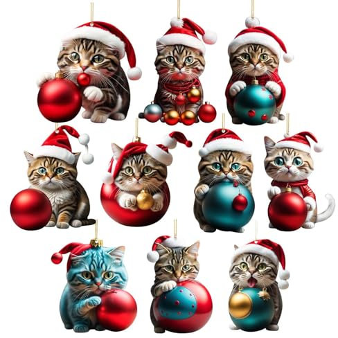 10 Stück Katzen Weihnachtsbaumschmuck, Cute 2D Acryl Katzenanhänger Tannenbaumschmuck WeihnachtsanhäNger Katzen Flat Decorations, Auto Ornament Geschenke