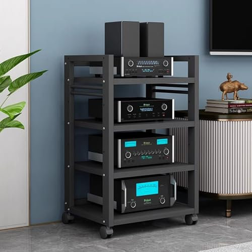 Stereoschrank mit verstellbaren Regalen, bodenstehendes multifunktionales Audio- und Video-Medienregal, mobiles Holzregal für DVD-Player, Verstärker, Drucker, Mischpulte, Tonbandgeräte (A, 4