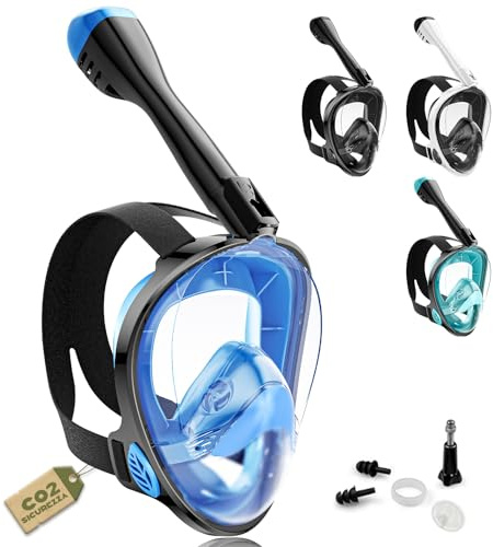 Schnorchelmaske Erwachsene Vollgesichtsmaske – CO₂ sicher Wasserdicht & Beschlagfrei Tauchmaske mit Kamera Halterung – Tauchermaske mit Tragetasche & Ohrstöpsel (blau, S-M)