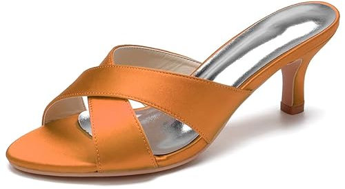 ZZQCCHL Raso Open-Toe Mules Kitten Tacco Sandali Donna per Matrimoni Elegante Cross Strap Sposa Sandali,Arancia,35 EU