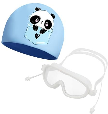 FakeFace - Juego de gafas de natación y gorro de baño para niños, gafas de natación antiniebla, sombrero de natación impermeable y extensible para niños de 3 a 15 años