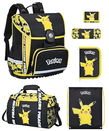 Familando - Schulranzen Set 6-teilig mit Sporttasche - Pokémon mit Pikachu Motiv - Ergonomisch, stabil & mit gepolstertem Rücken - 990g leicht, 16L Volumen - Mit Reflektoren - ab 1. Klasse