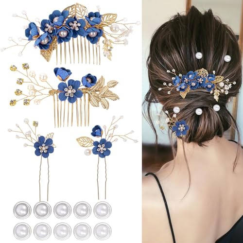 Lot de 4 accessoires pour cheveux de mariage, épingles à cheveux en forme de fleur, 10 épingles à cheveux en spirale avec perles pour mariées, demoiselles d'honneur, femmes et filles (Bleu roi)