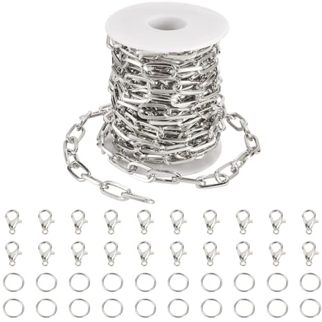 FASHEWELRY Catena a clip in alluminio da 5 m, 19 x 9 x 2 mm, maglie ovali, kit per la creazione di braccialetti e collane, con anellini aperti, chiusure a moschettone per gioielli fai da te