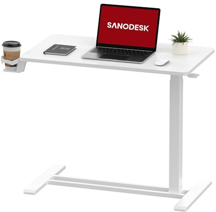 SANODESK Mesa Auxiliar con Ruedas para Ordenador, Altura Ajustable, con Soporte para Bebidas, para Cama y Sofá, Móvil y Multifuncional, Color Blanco