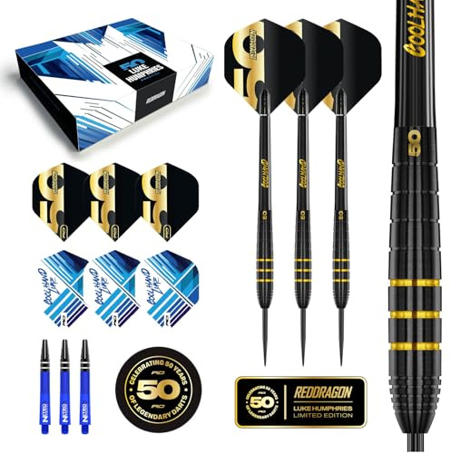 RED DRAGON DARTS - 50-årsjubileumsspelarutgåva - Luke Humphries 'Coolhand' 22g - Professionellt dartset med stålspets och 90% volfram - Inkluderar dartvingar och dartskaft