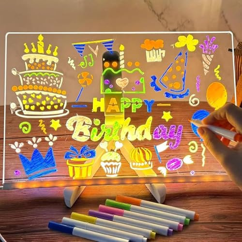 Doodle Glow Drawing Board, Home and Oak Doodle Glow Creative Magic Panel with 7 Colors, Acrylic Dry Erase Drawing Board with Stand for School Cafe Home Office